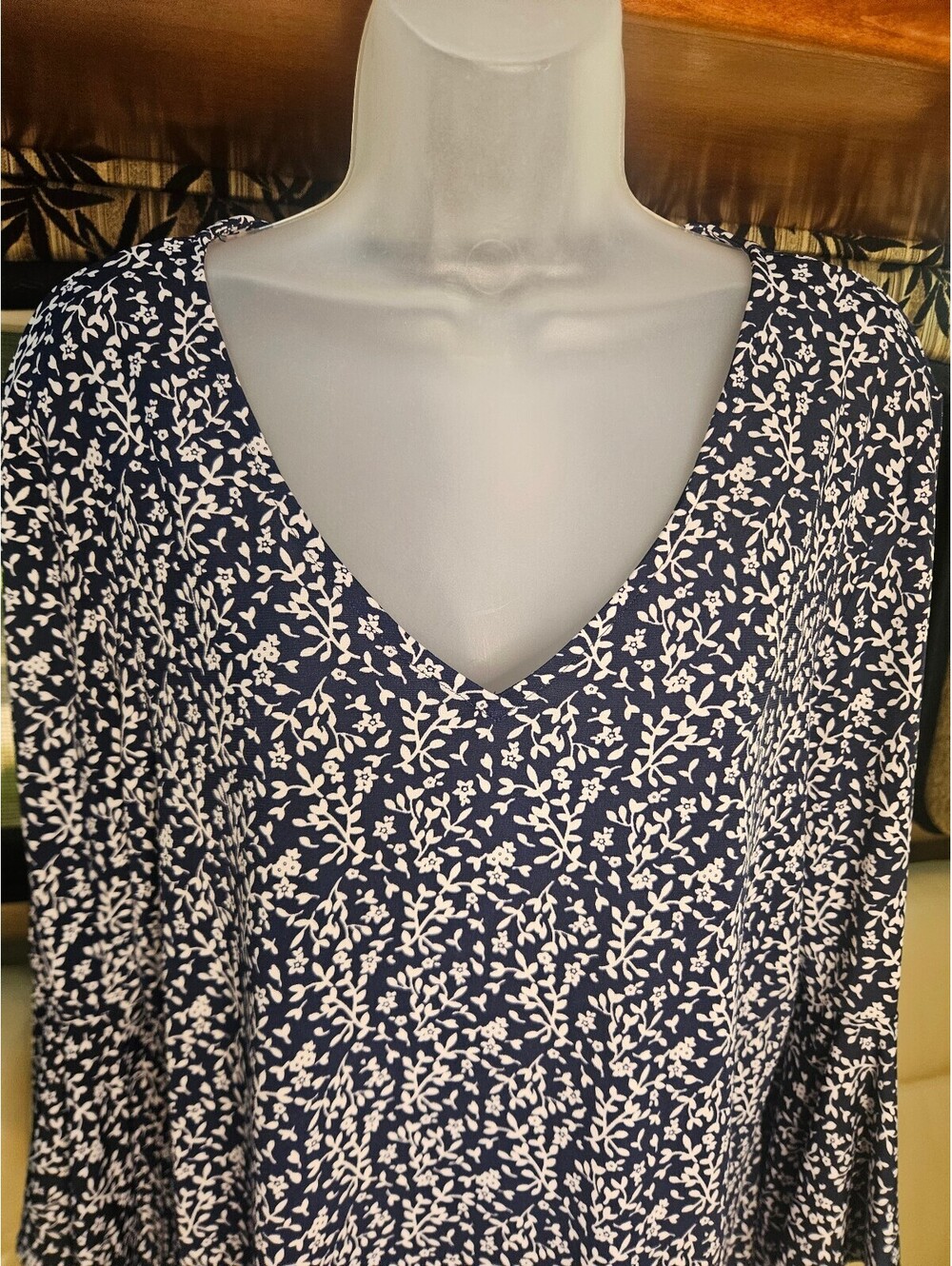 MSK Petite Navy Blue and White Floral Print Dress with Bell Sleeves, Size PXL - Picture 2 of 6